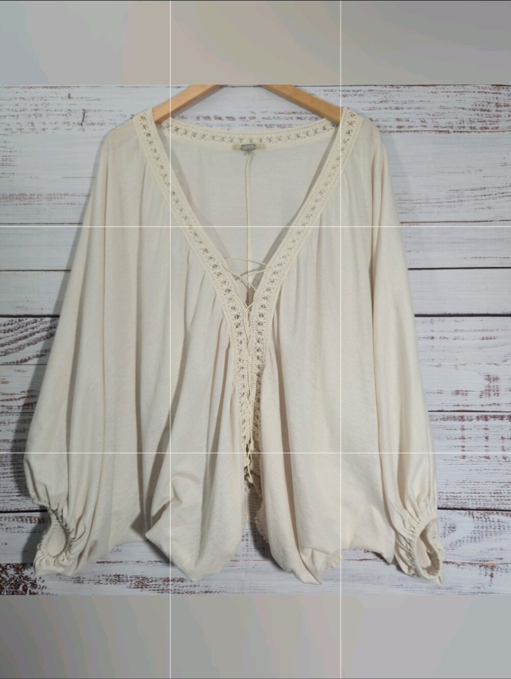 Gimmicks BKE Ivory Crochet Lace Up Dolman Sleeve Smocked Top Cottage Boho XL